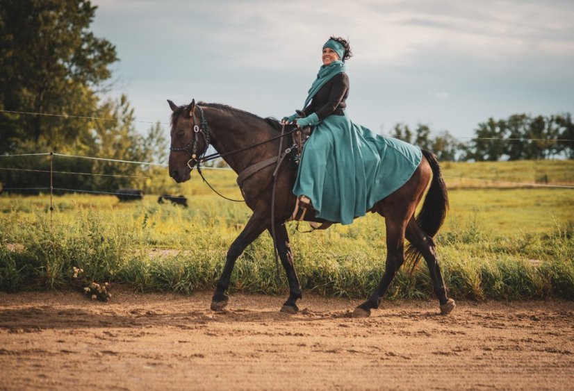 Jezdecká sukně Flees dlouhá - PETROLEJ, vel L - Flees petrolej: Velikost L, pas do modrého nápletu